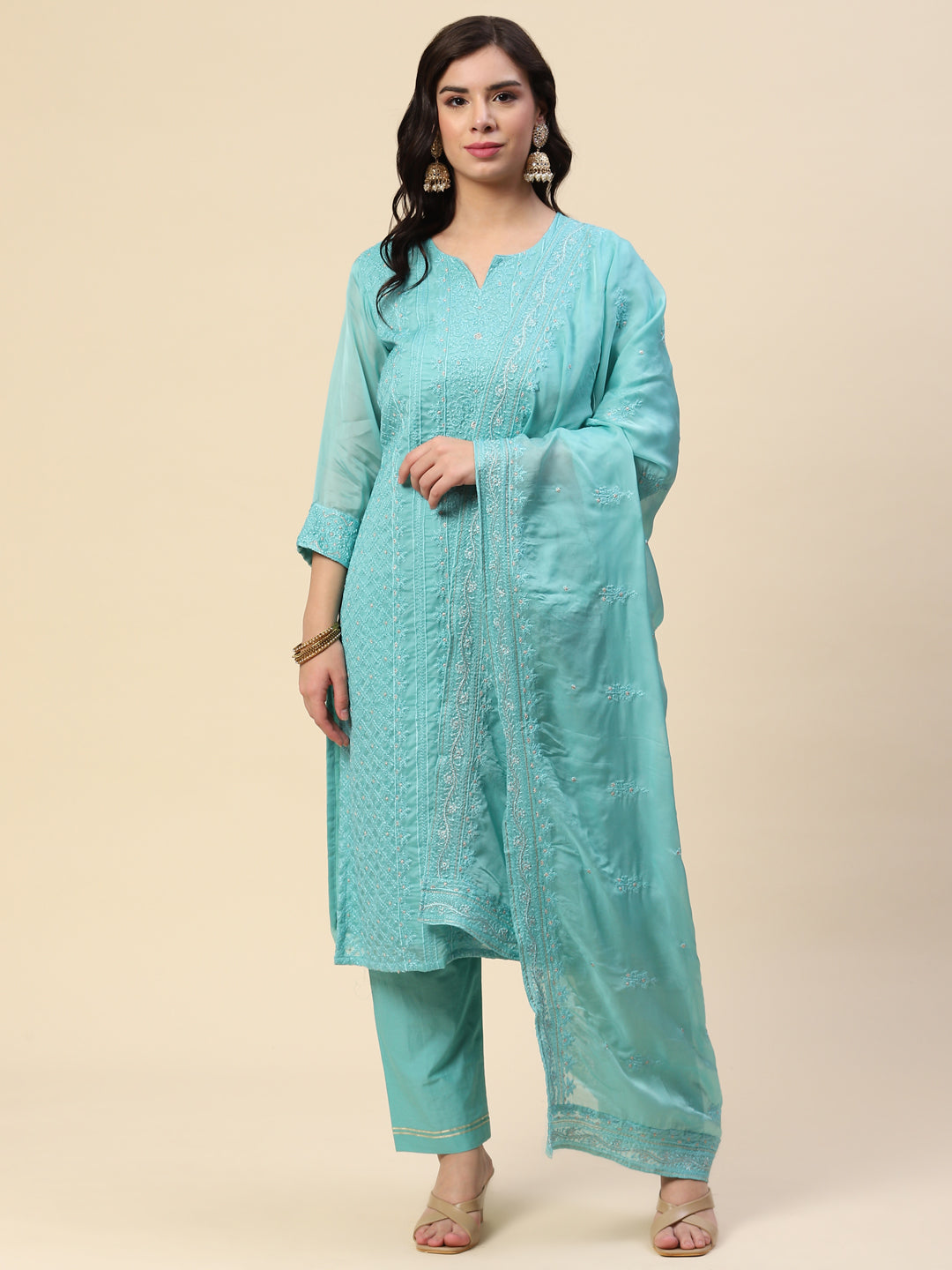 Resham Embroidered Booti Organza Kurta With Pants &amp; Dupatta