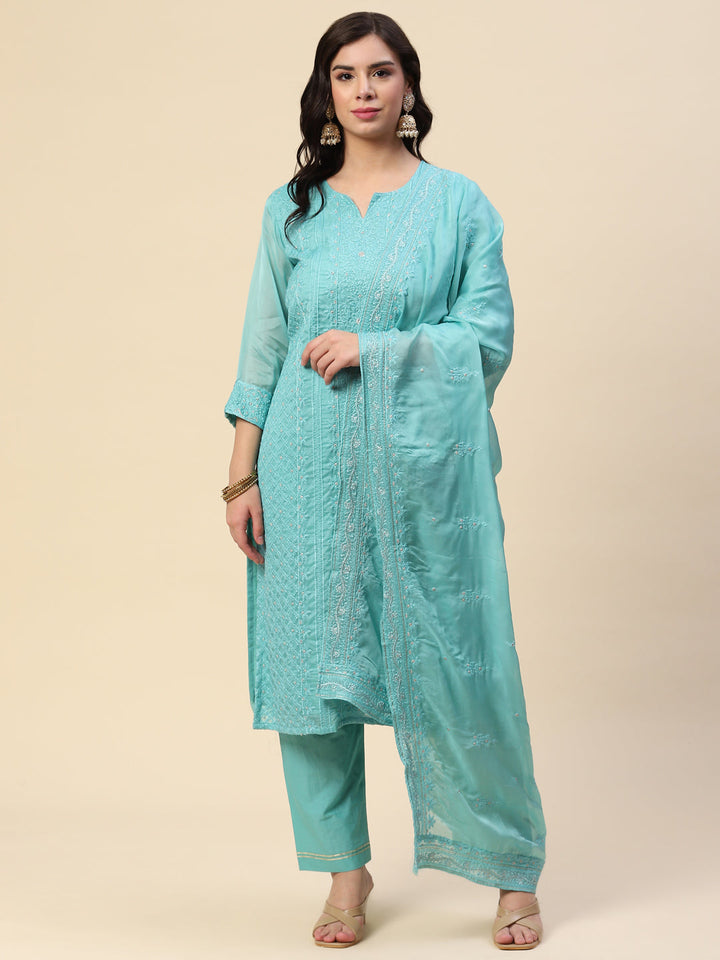 Resham Embroidered Booti Organza Kurta With Pants &amp; Dupatta