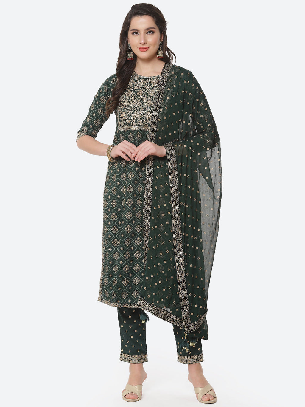 Zari Work Cotton Muslin Kurti Printed Pant And Dupatta