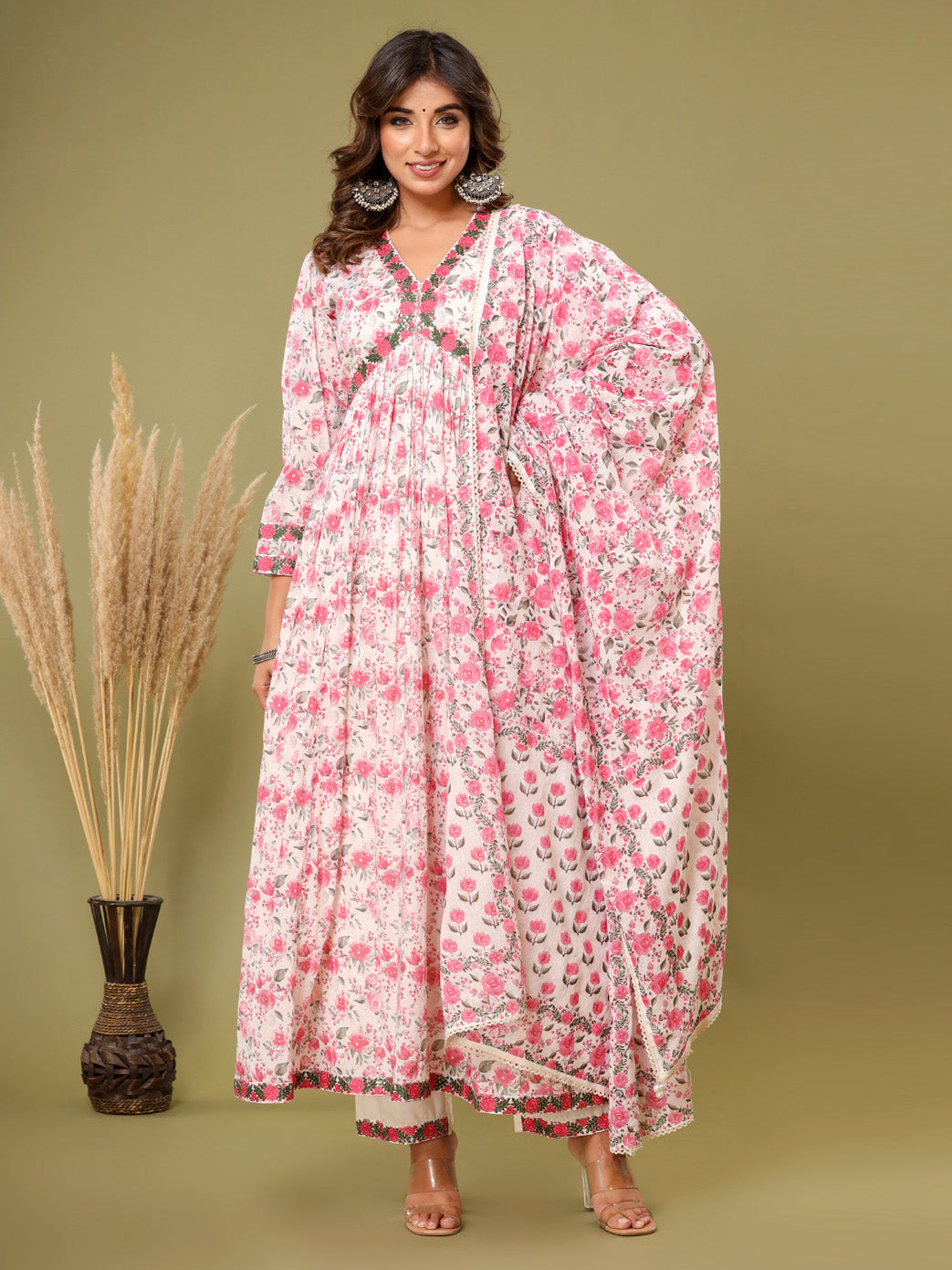 Floral Printed Cotton Kurta With Pants &amp; Dupatta