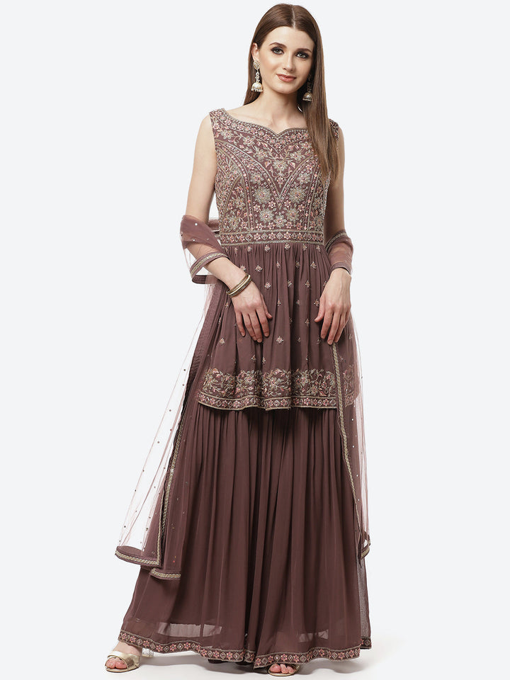 Art Georgette Embroidered Kurti With Sharara And Net Dupatta
