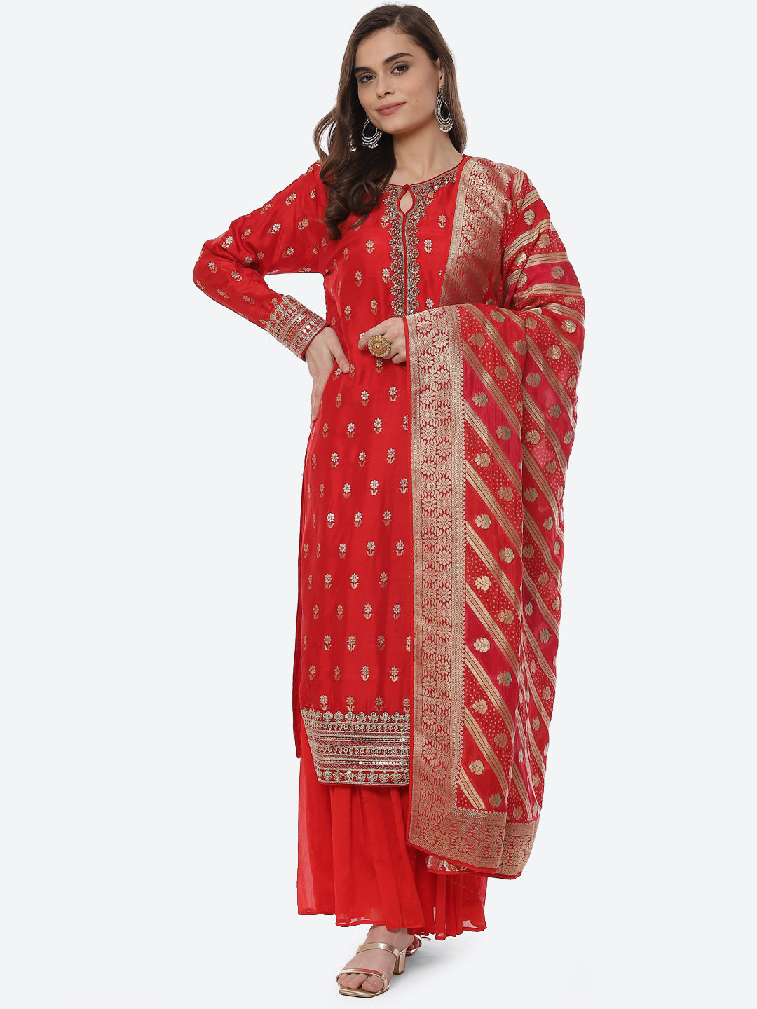 Zari Booti Neck Zari Embroidered Handloom Kurta With Garara &amp; Dupatta