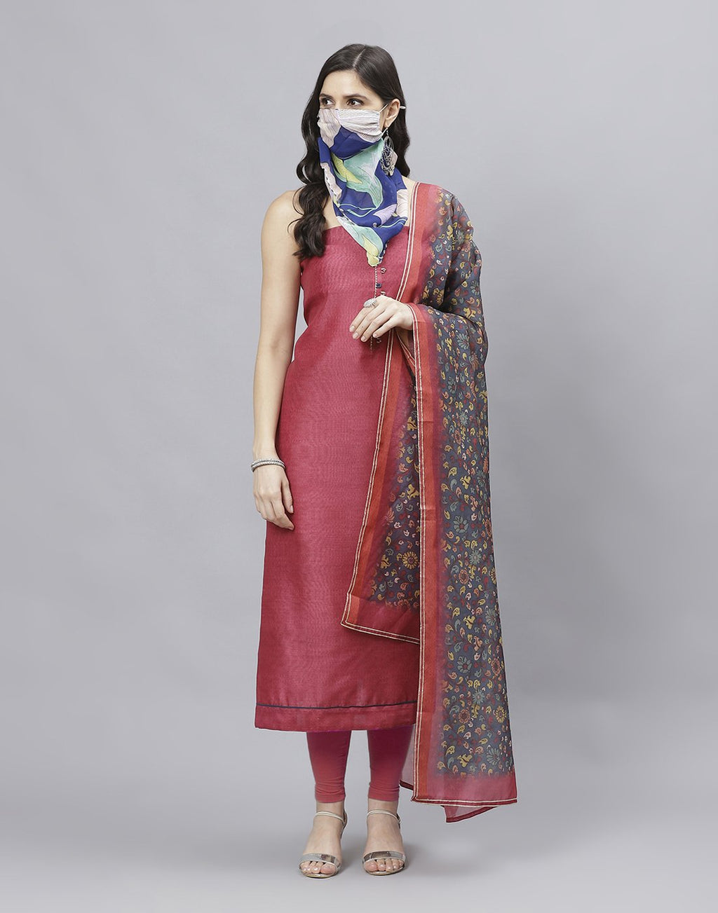 Embroidered Chanderi Suit Piece With Printed Chanderi Dupatta And Scarf