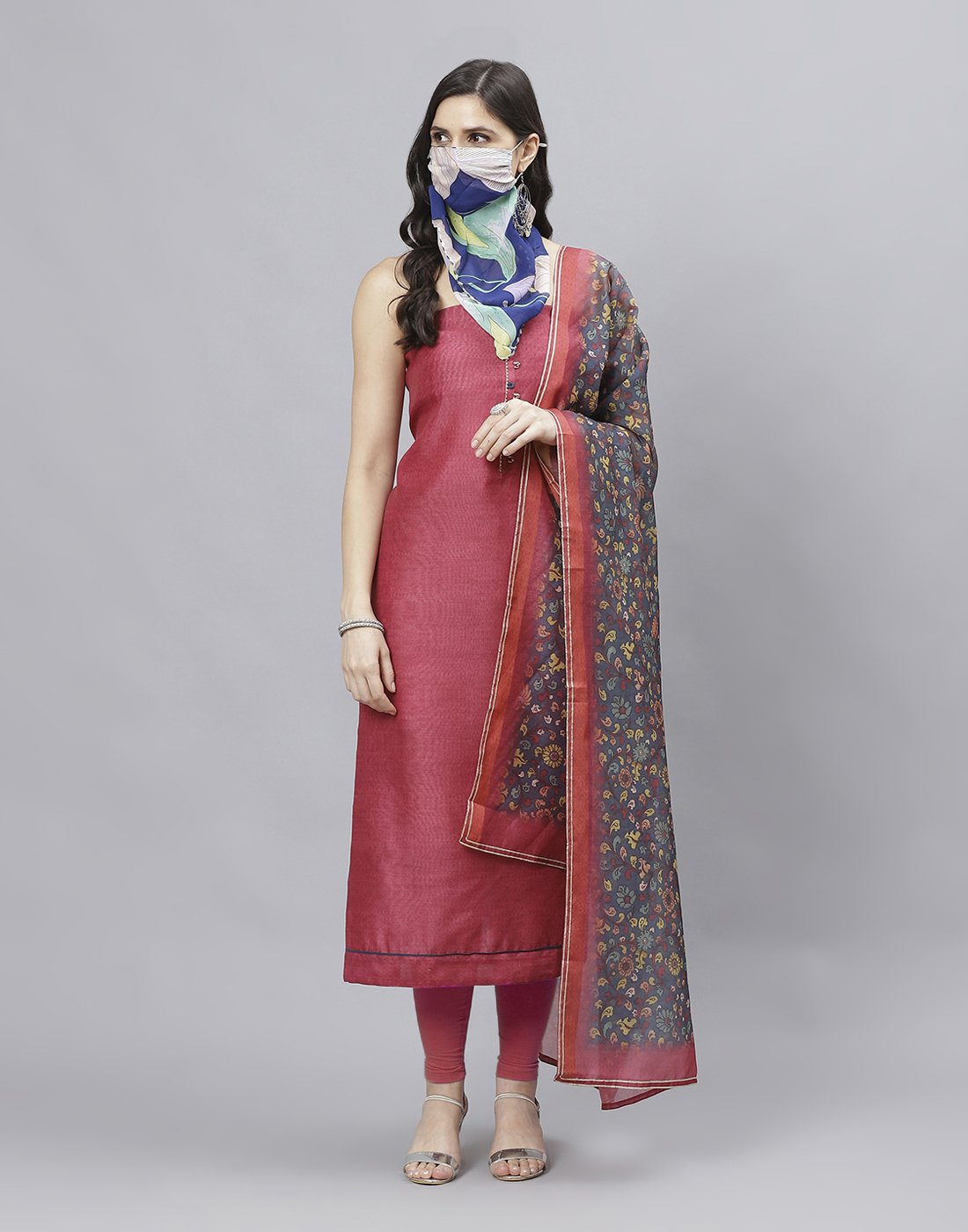 Embroidered Chanderi Suit Piece With Printed Chanderi Dupatta And Scarf