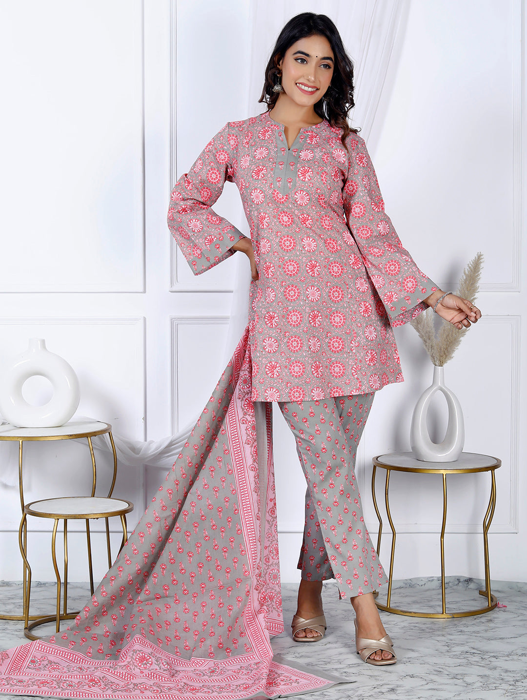Printed Cotton Blend Kurti With Pants &amp; Dupatta