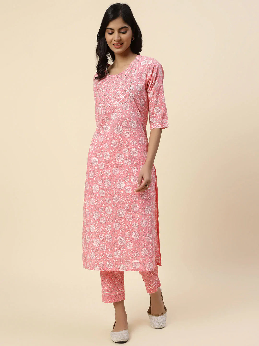 Floral Printed Cotton Kurta With Pants