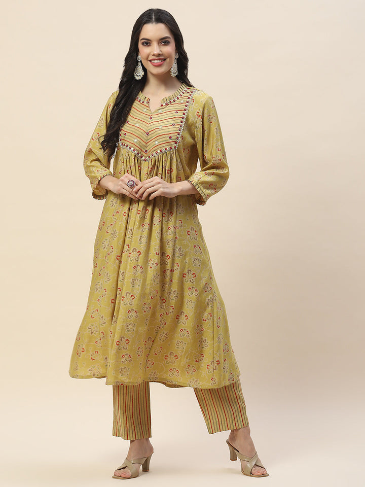 Yoke Embroidery Cotton Kurta With Pants