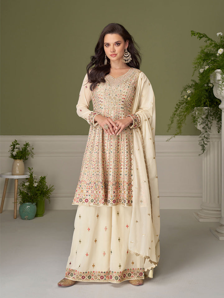 Embroidered Geogrette Kurta With Plazzo &amp; Dupatta