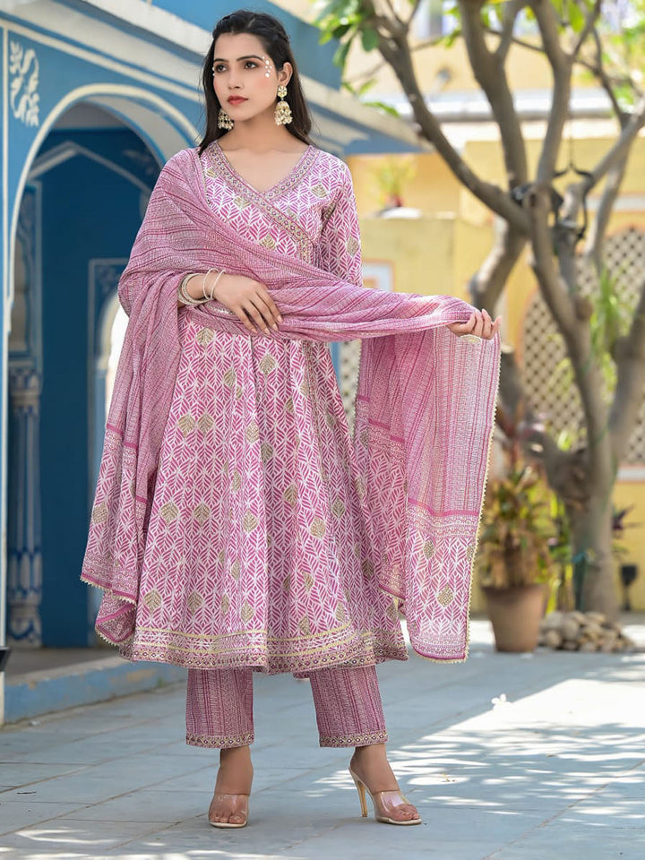 Printed Cotton Kurta With Pants &amp; Dupatta