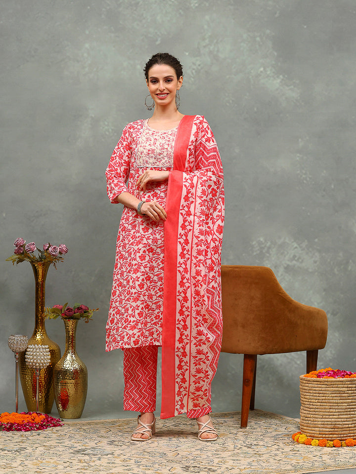 Printed Cotton Blend Kurta With Pants &amp; Dupatta