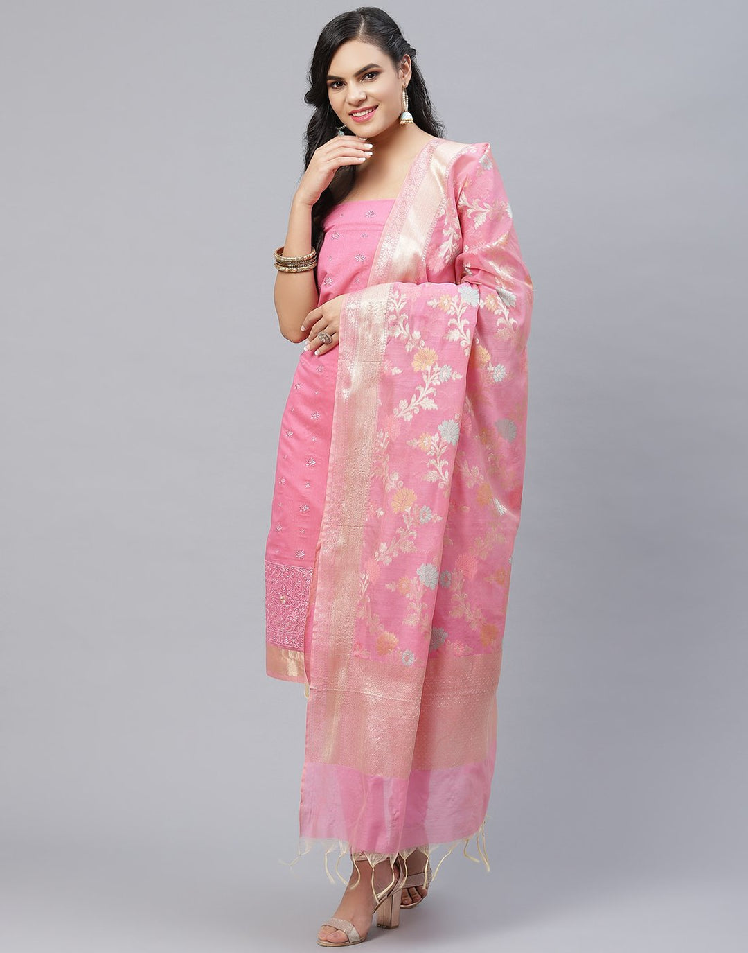 Chanderi Embroidered Suit Piece with Banarasi Dupatta