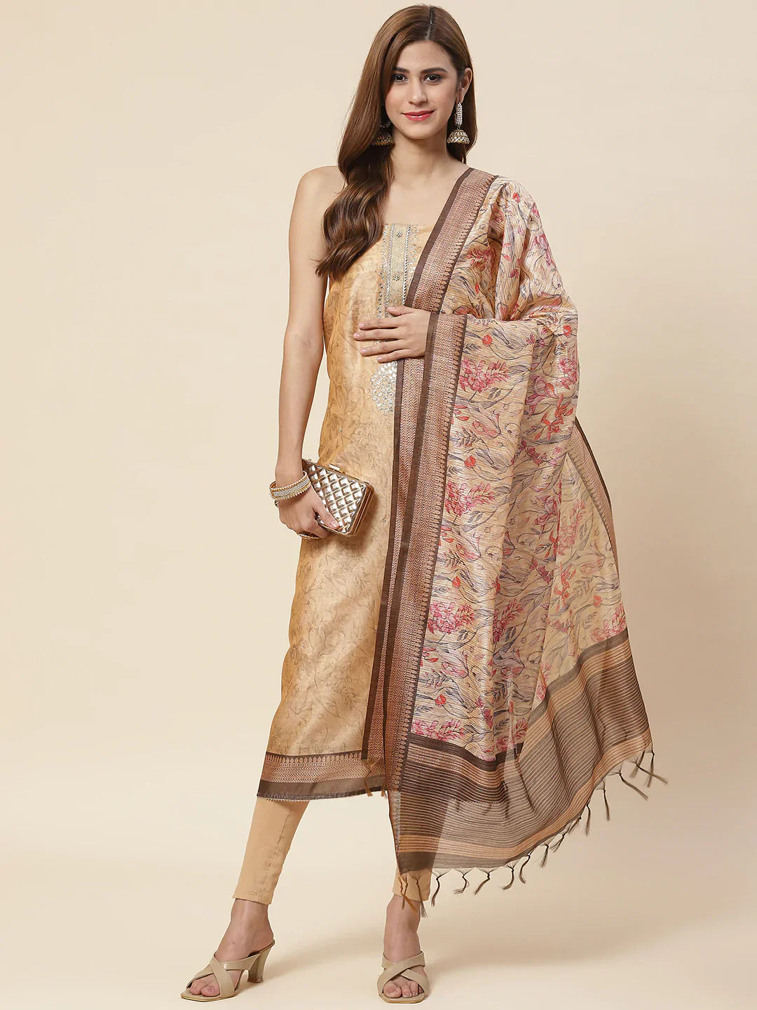 Neck Embroidered & Printed Chanderi Unstitched Suit Piece With Dupatta