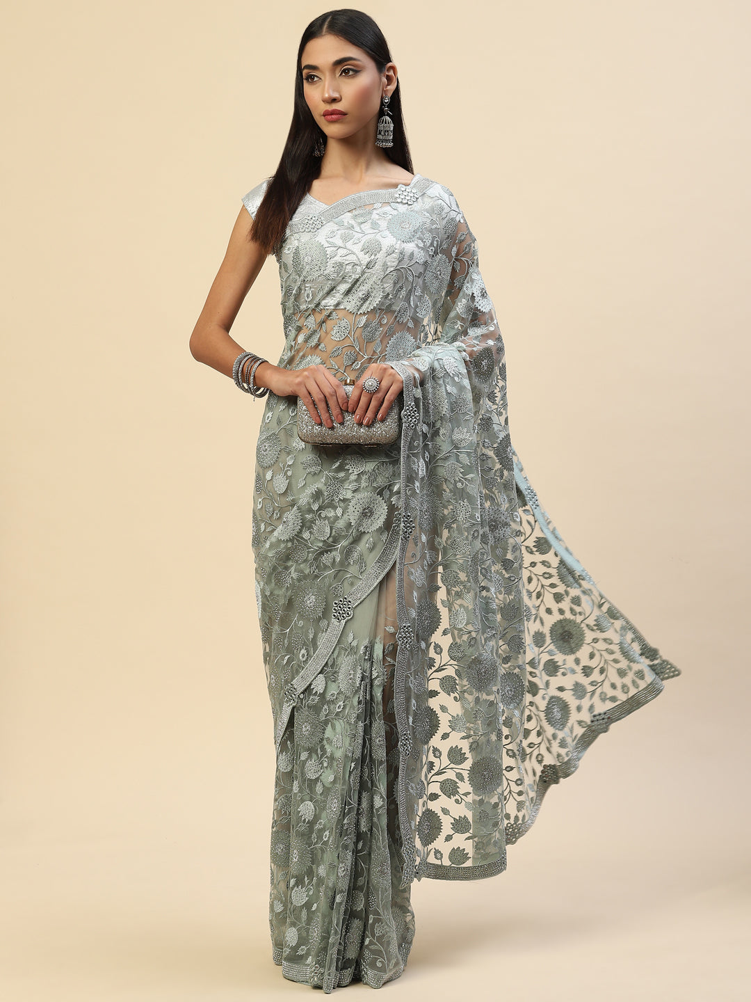 Floral Embroidered Net Saree