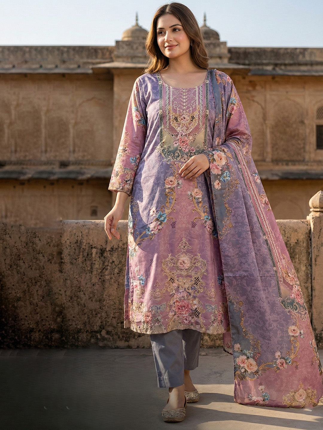 Printed Cotton Blend Kurta With Pant &amp; Dupatta