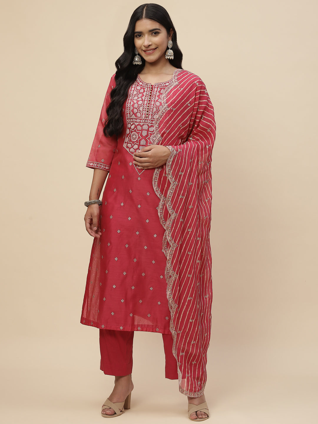 Booti Embroidered Cotton Kurta With Pants &amp; Dupatta