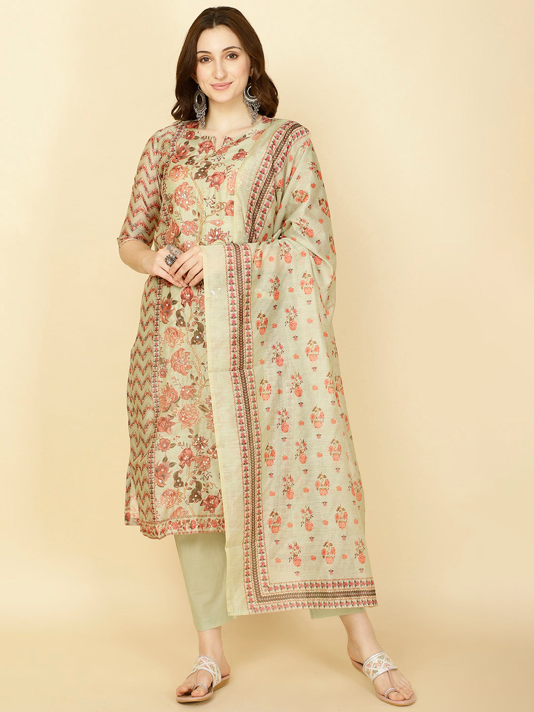 Floral Printed Chanderi Kurta With Pants &amp; Dupatta