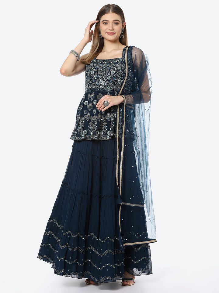 Resham Embroidered Georgette Choli With Lehenga &amp; Net Dupatta