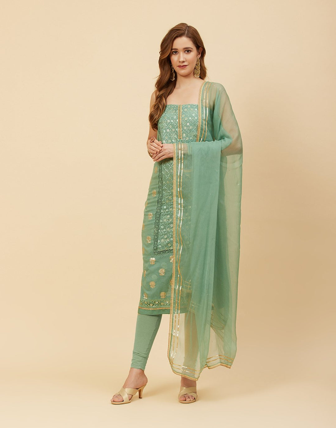 Embroidered Chanderi Suit Piece With Chiffon Dupatta