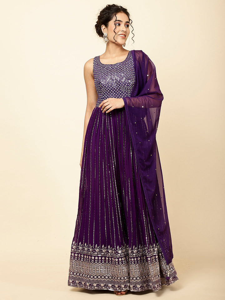 Embroidered Georgette Kurta With Pants &amp; Dupatta