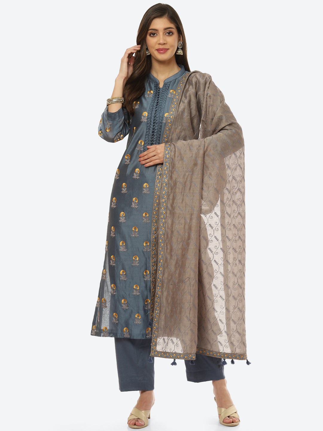 Resham Booti Cotton Kurta With Pant &amp; Dupatta