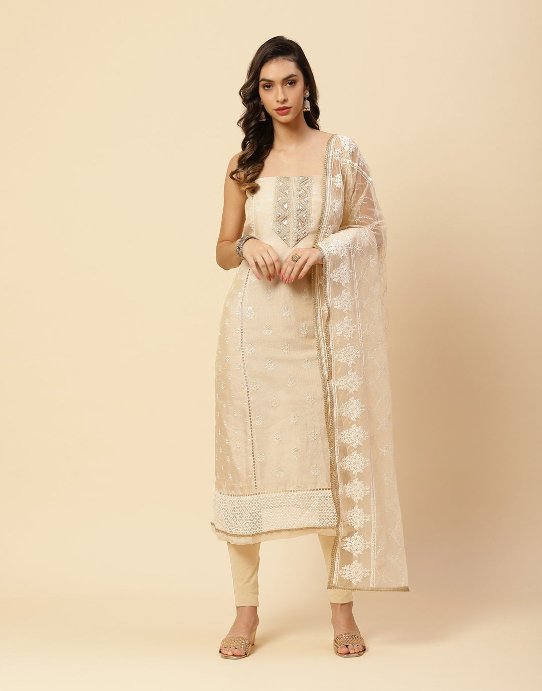 Embroidered Cotton Suit Piece With Net Dupatta