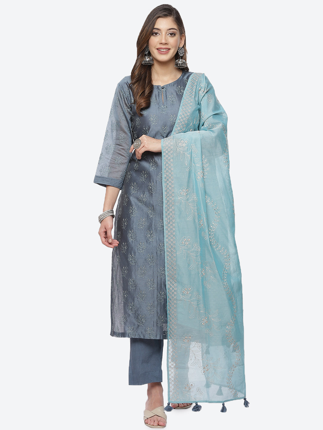 Booti Cotton Stitched Salwar Kameez With Chanderi Dupatta