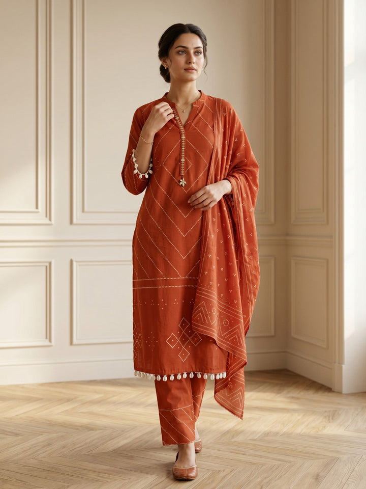 Rust Embroidered Cotton Blend Straight V Neck Suit Set