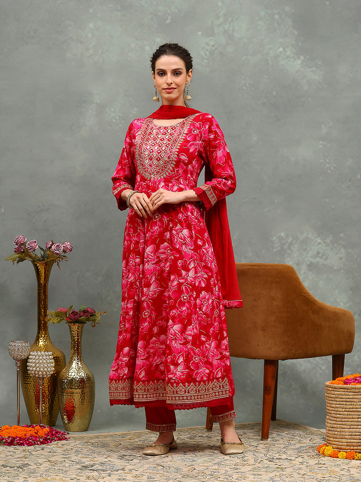 Embroidered Cotton Kurta With Pants &amp; Dupatta