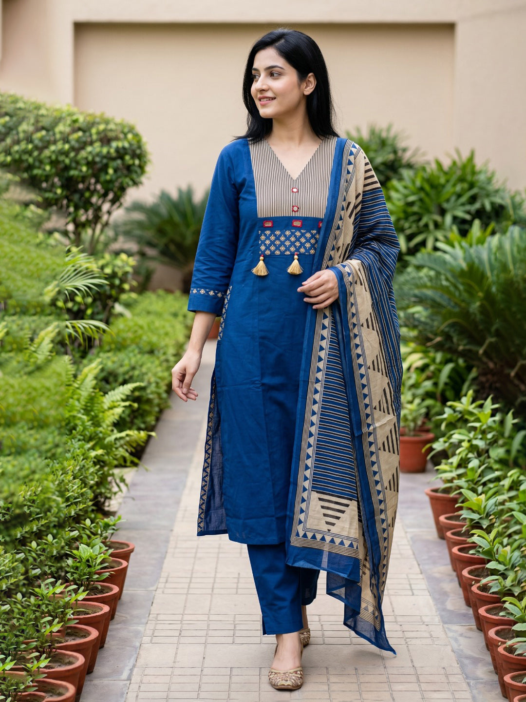 Embroidered Cotton Blend Kurta With Pant &amp; Dupatta