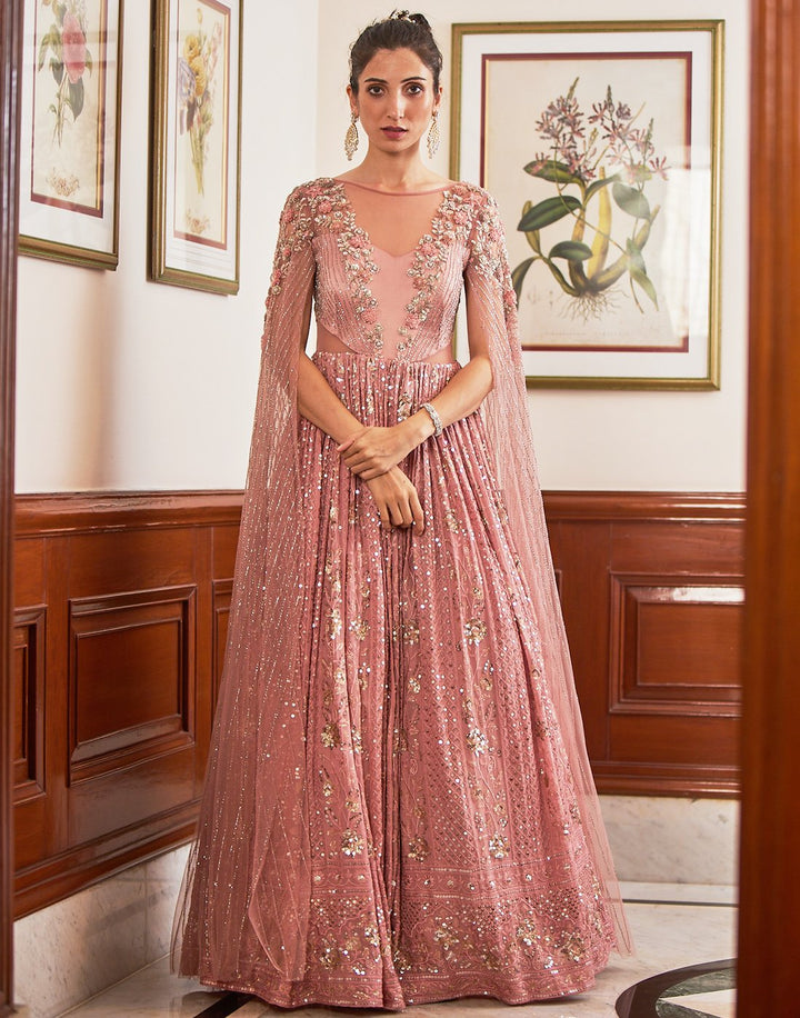 Sequence Embroidered Georgette Gown With Cape Sleeves