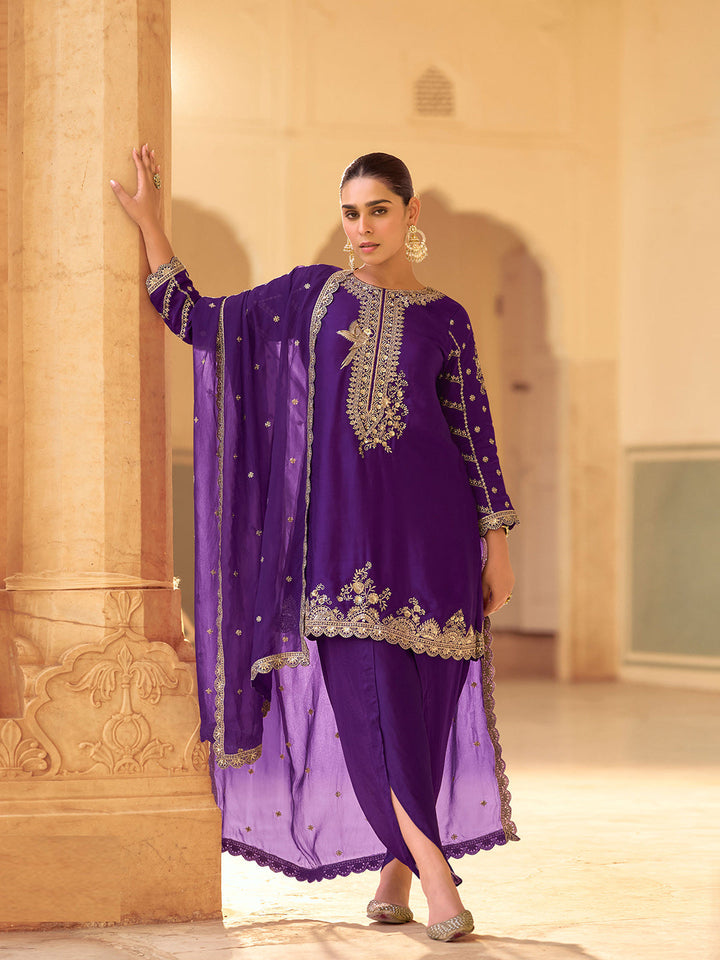 Embroidered Crepe Silk Kurti With Patiala Salwar &amp; Dupatta