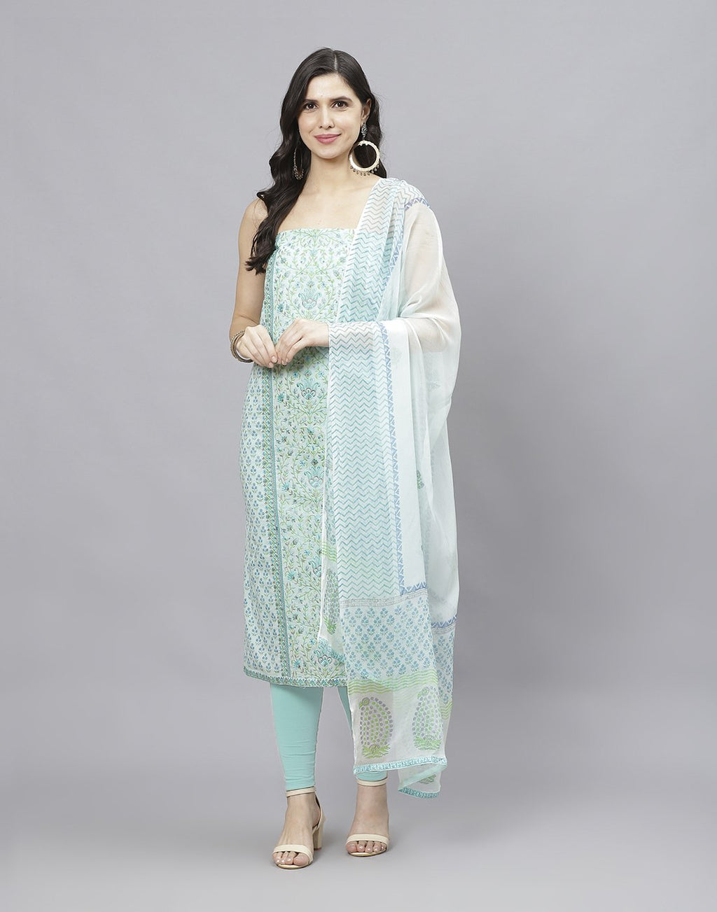 Printed Cotton Suit Piece With Chiffon Dupatta