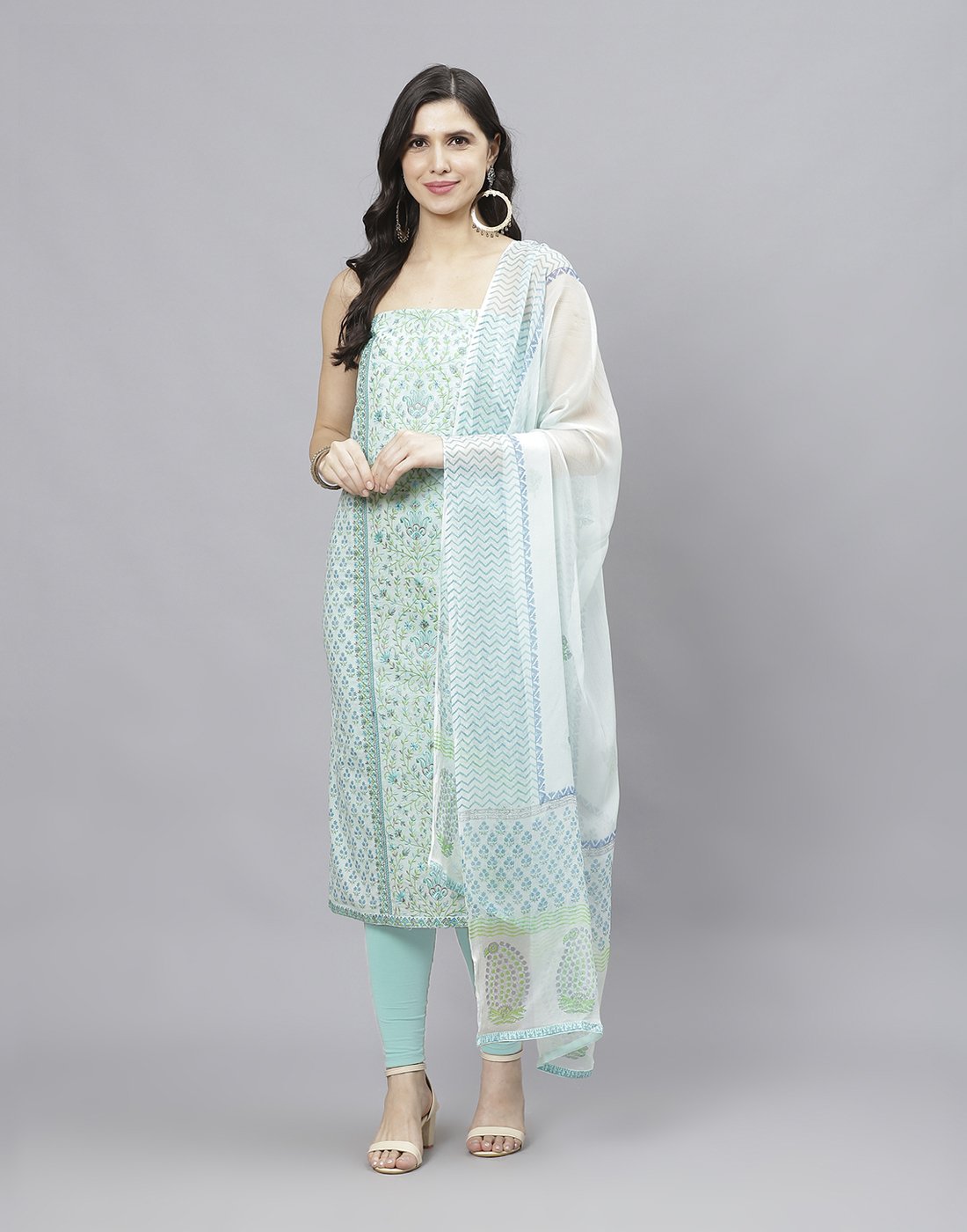 Printed Cotton Suit Piece With Chiffon Dupatta