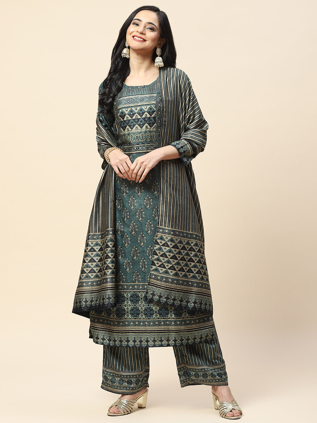 Printed Tussar Kurta with Pants &amp; Dupatta