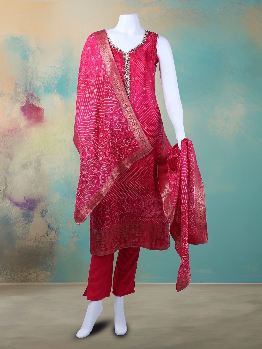Bandhani Printed Art Silk Kurta With Pants &amp; Dupatta