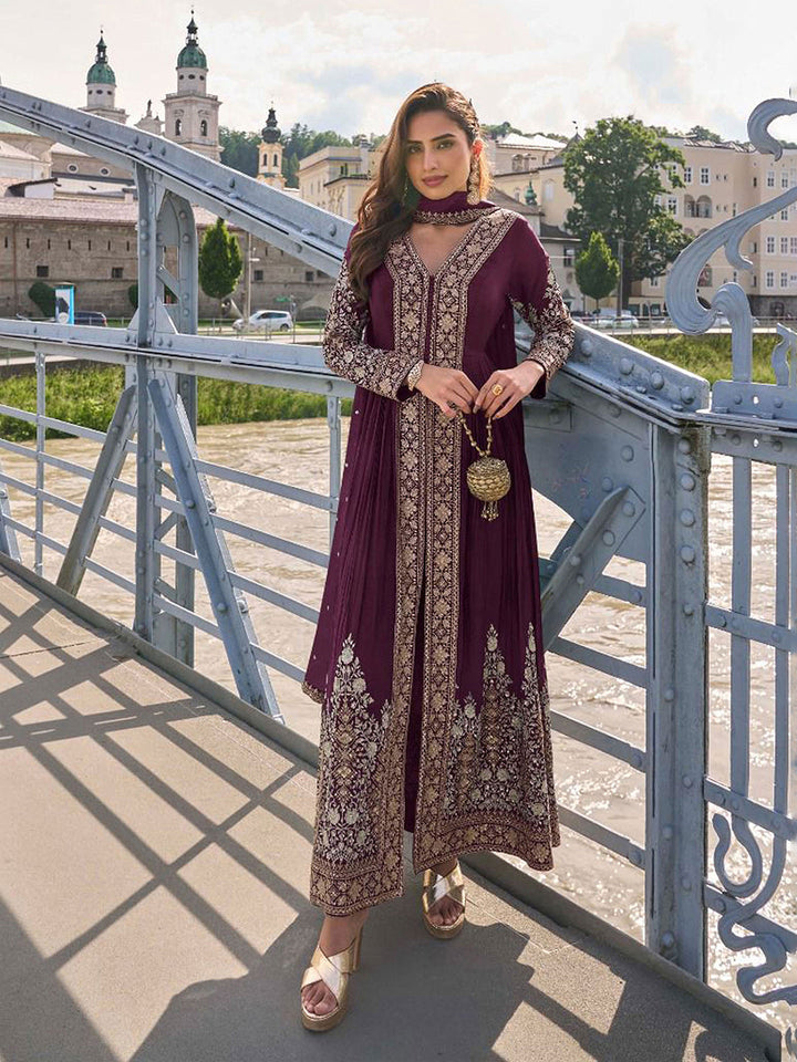 Embroidered Chinon Kurta With Plazzo &amp; Dupatta
