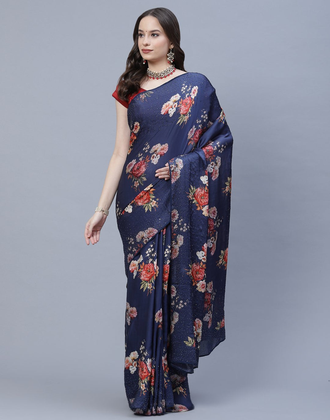 Digital Floral Printed Crepe Saree with Stone Work