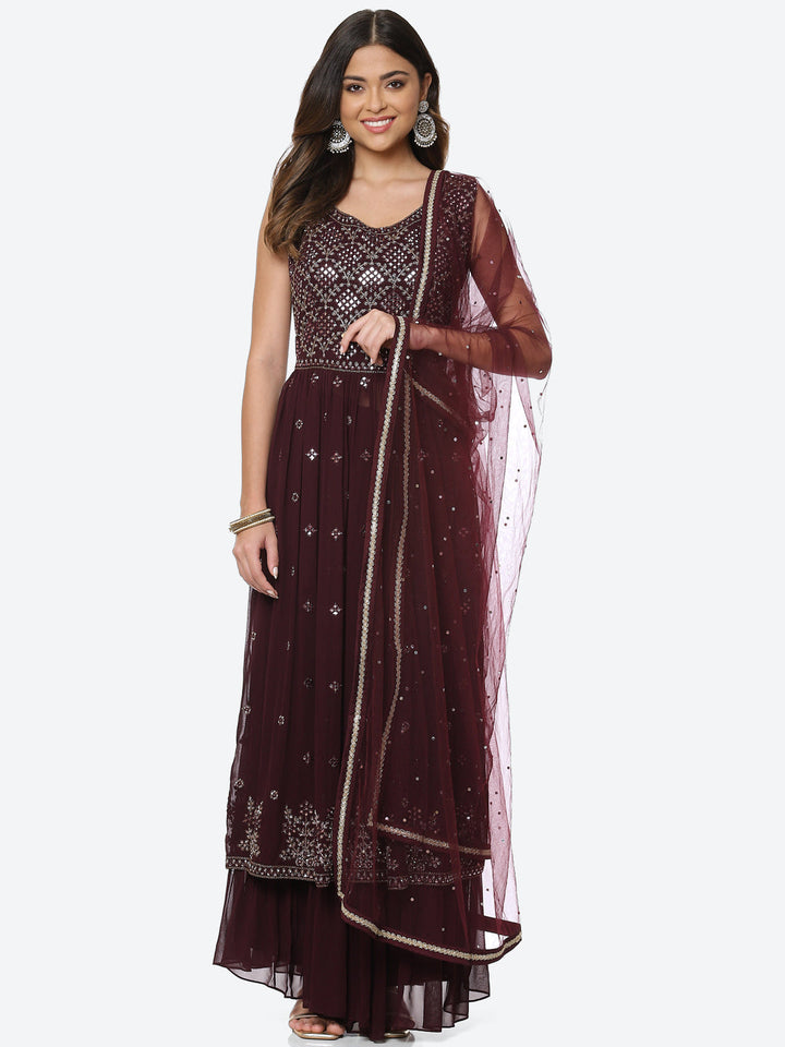Resham Mirror Georgette Kurta With Palazzo &amp; Dupatta