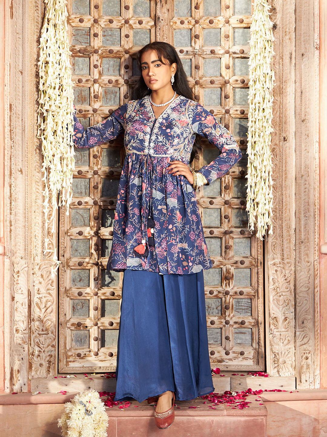 Blue Embroidered Chinon Kurta with Palazzo