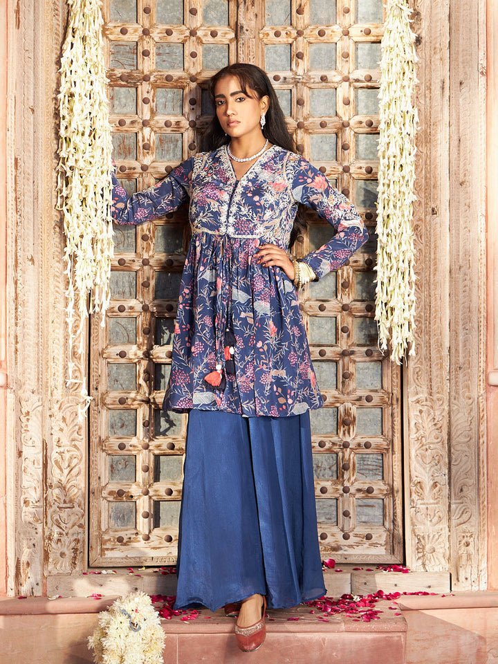 Blue Embroidered Chinon Kurta with Palazzo