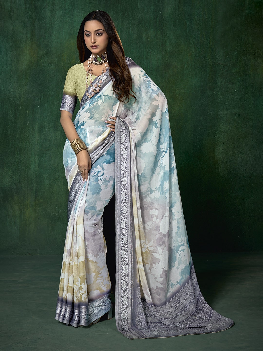 Ombre Floral Printed Georgette Saree