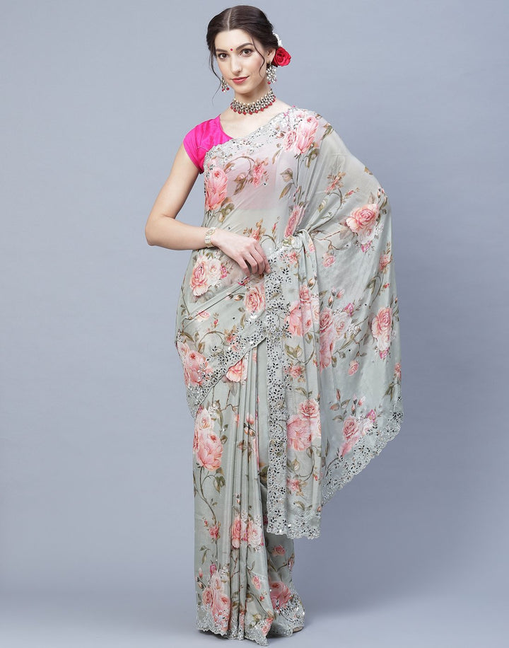 Digital Floral Printed Crepe Saree with Gota Patti Border