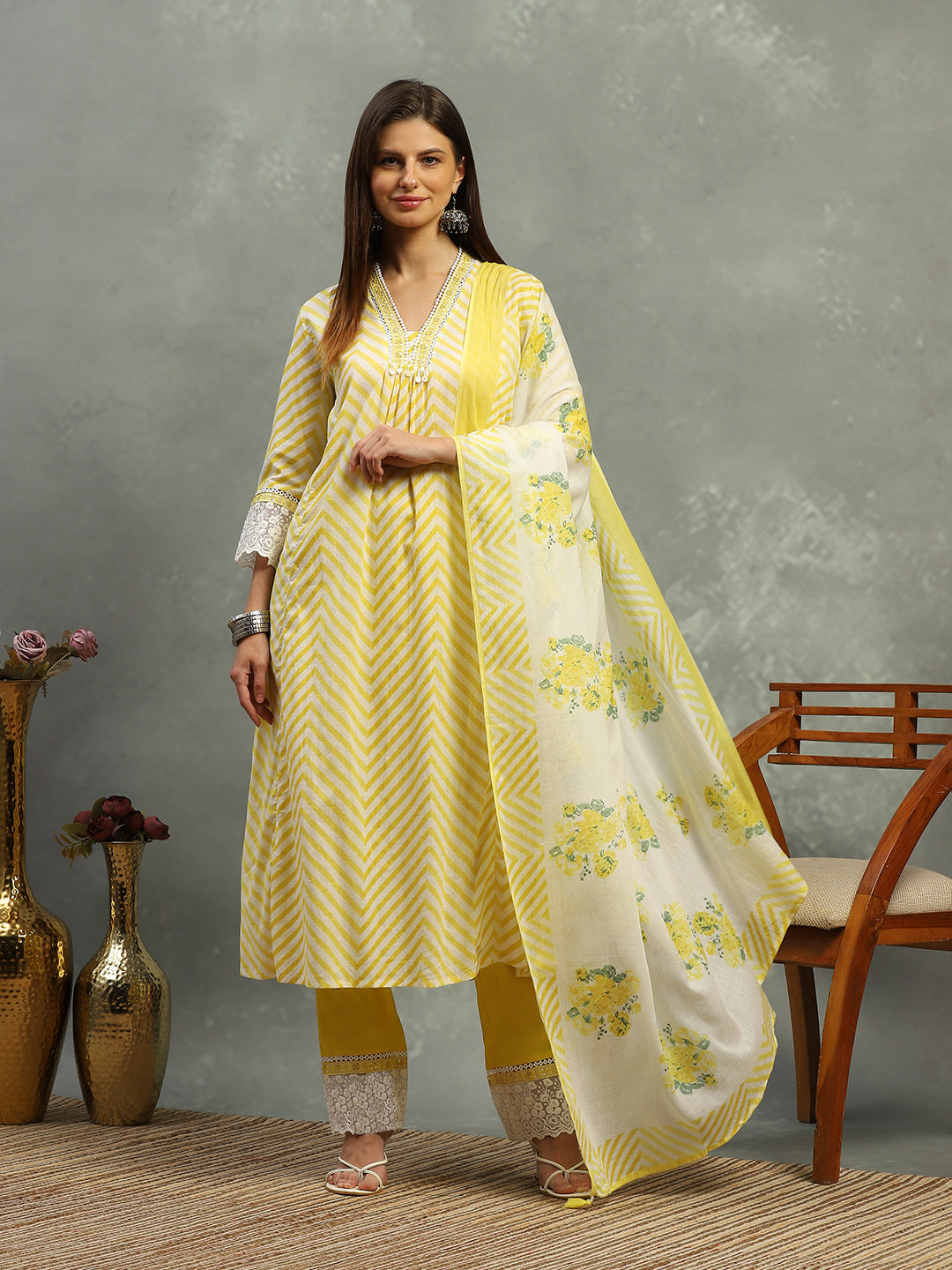 Printed Cotton Blend Kurta With Pants &amp; Dupatta