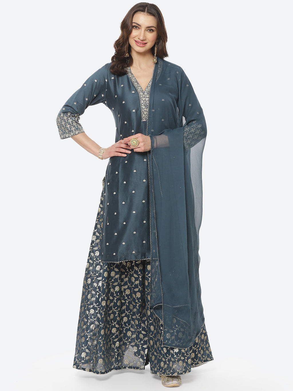 Zari Booti Embroidered Cotton Chanderi Stitched Salwar Kameez With Chiffon Dupatta