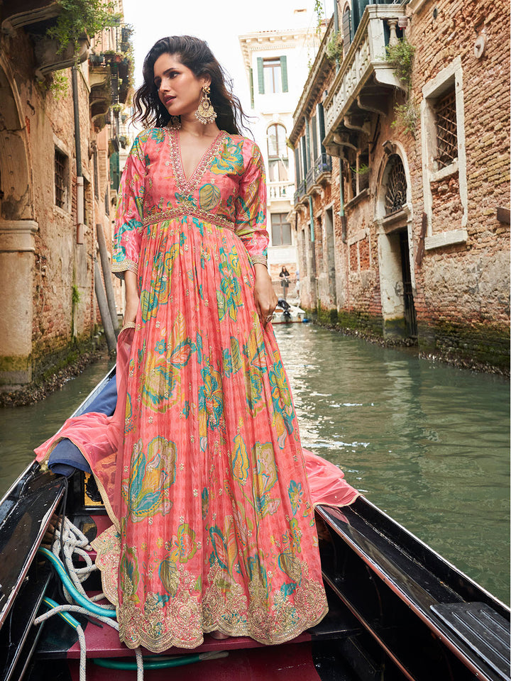 Embroidered Chinon Kurta With Pant &amp; Dupatta