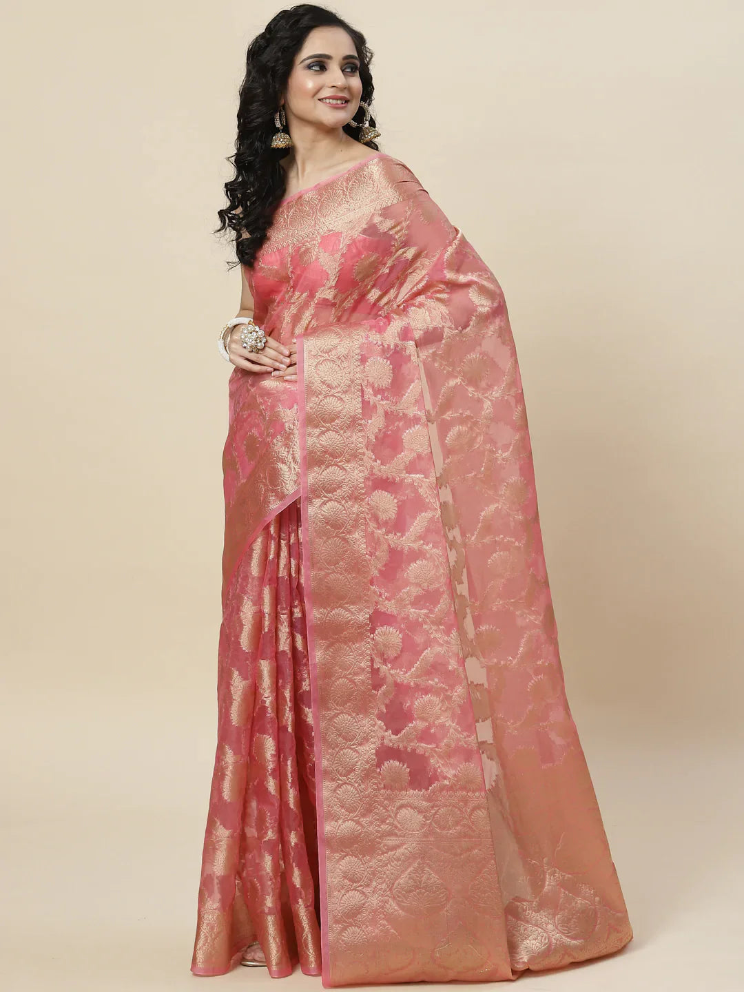 Floral Zari Jaal Organza Plain Saree