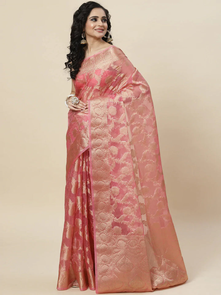 Floral Zari Jaal Organza Plain Saree