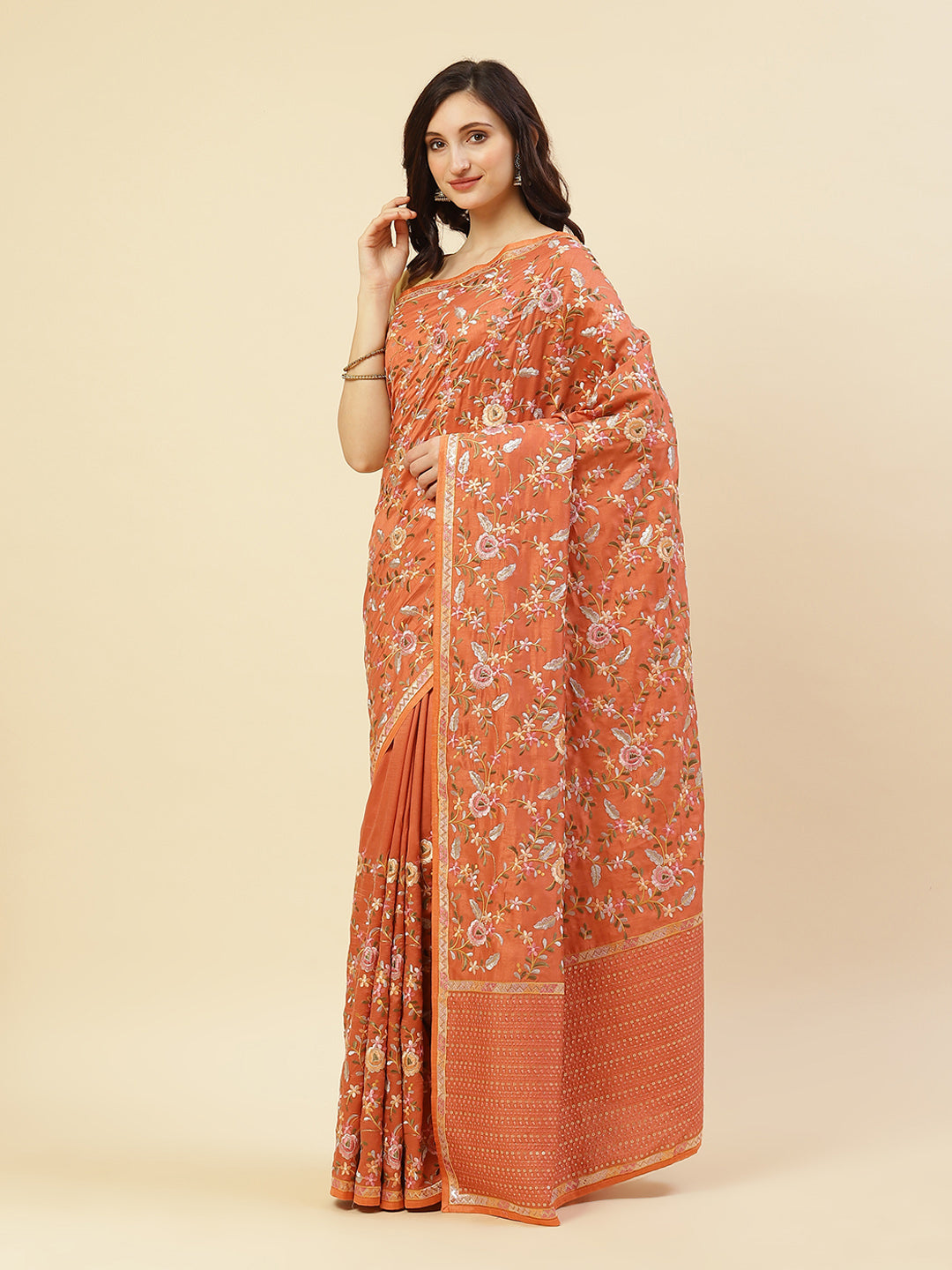 Thread Work Embroidered Art Tussar Saree