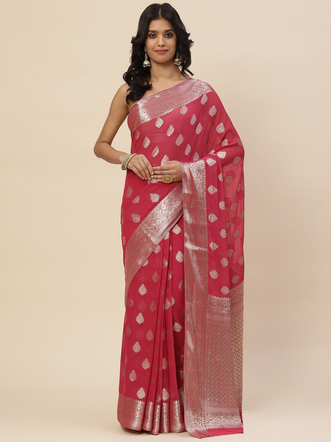 Zari Booti Chiffon Plain Saree