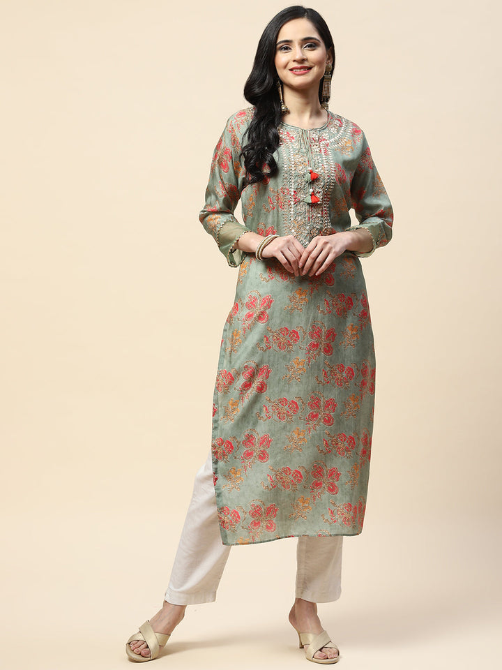 Printed With Yoke Embroidered Muslin Kurta